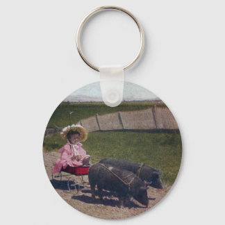 Vintage Girl and Her Pet Pigs Keychain
