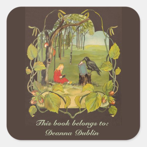 Vintage Girl and Raven Reading Books Square Sticker