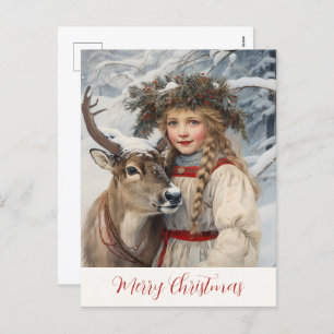 Vintage Girl and Reindeer Christmas Card