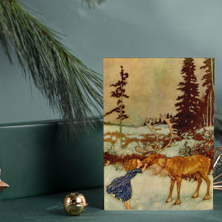 Vintage Girl and Reindeer Enchanted Winter Postcard