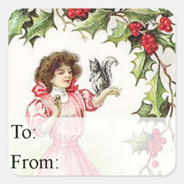 Vintage Girl and Squirrel Christmas Gift Tag (Front)
