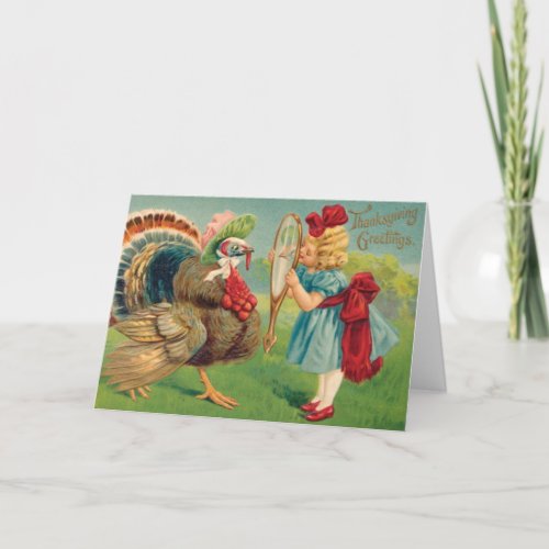 Vintage Girl And Turkey Dress Up Thanksgiving Holiday Card