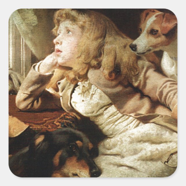 Vintage Girl and Two Dogs Grunge Framed Square Sticker (Front)