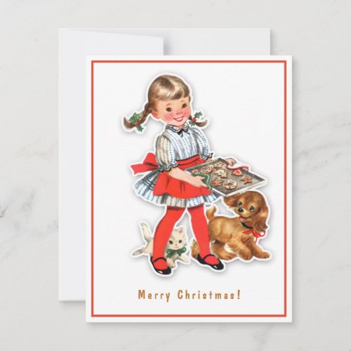 Vintage Girl Baking Cookies With Puppy and Kitten Holiday Card