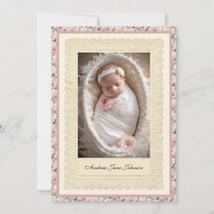 Vintage Girl Baptism Pink Roses Photo Invitation