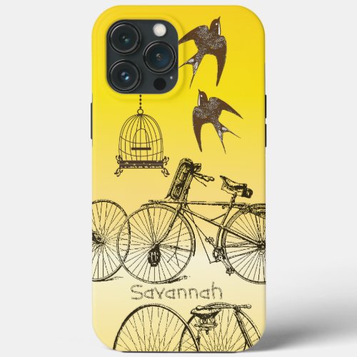 Vintage Girl Birds Birdcage Bicycle Ombre iPhone 13 Pro Max Case