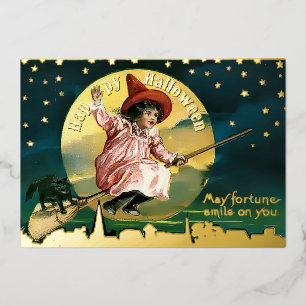 Vintage Girl & Black Cat on Broom Halloween  Foil Holiday Card