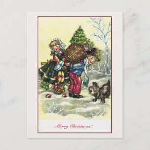 Vintage girl, boy Christmas tree Holiday Postcard