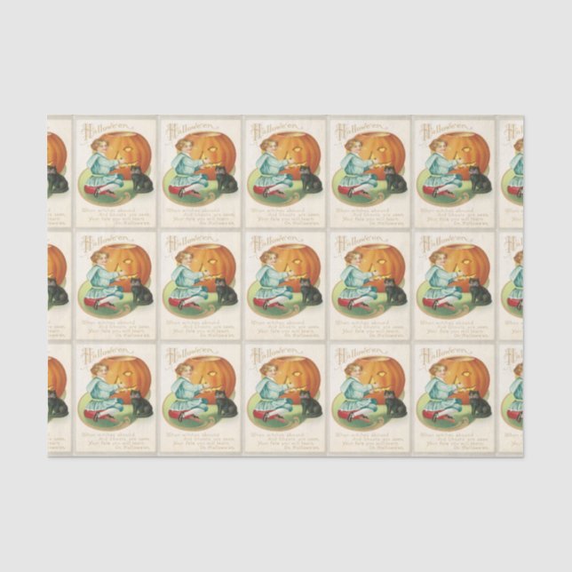 Vintage Girl Carving A Pumpkin Tissue Paper (Front)