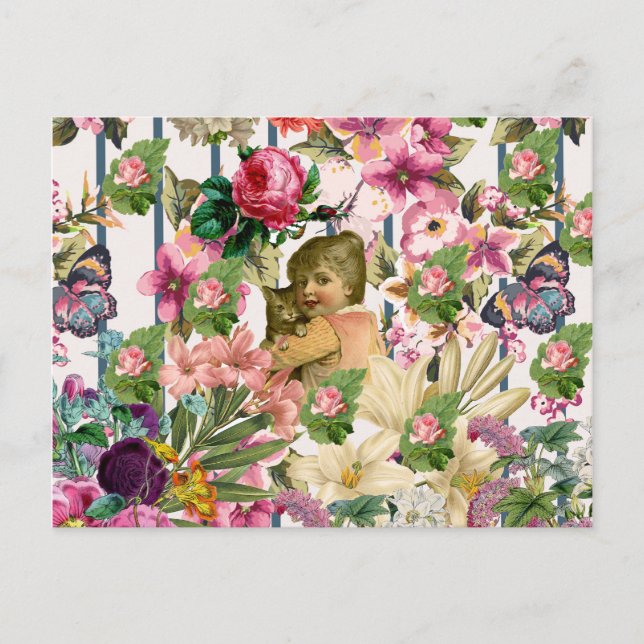 Vintage Girl & Cat Roses Flowers Stripes Pattern Postcard (Front)