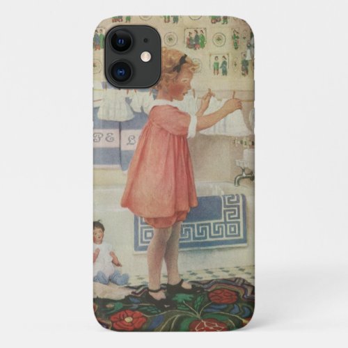 Vintage Girl Child Doing Laundry Hanging Clothes iPhone 11 Case