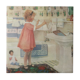 Vintage Girl, Child Doing Laundry Hanging Clothes Ceramic Tile