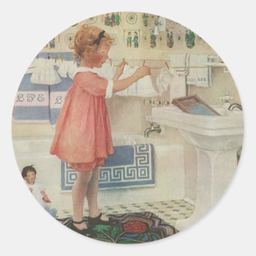 Vintage Girl Child Doing Laundry Hanging Clothes Classic Round Sticker