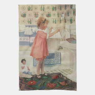Vintage Girl, Child Doing Laundry Hanging Clothes Kitchen Towel