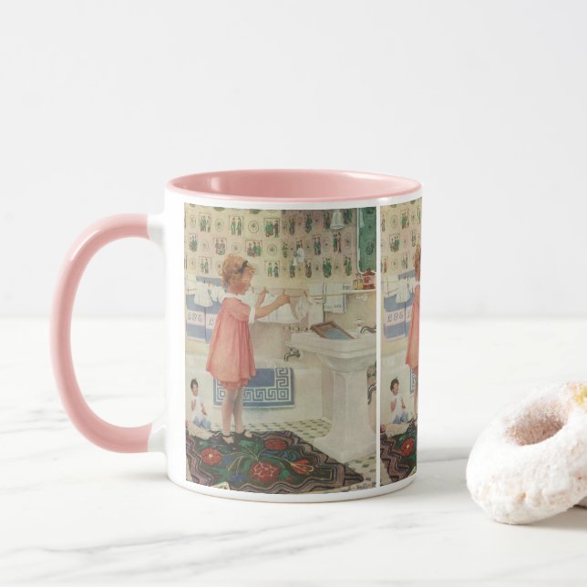 Vintage Girl, Child Doing Laundry Hanging Clothes Mug (With Donut)