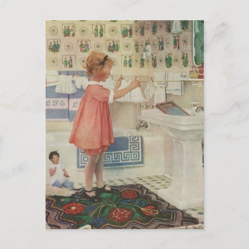 Vintage Girl Child Doing Laundry Hanging Clothes Postcard