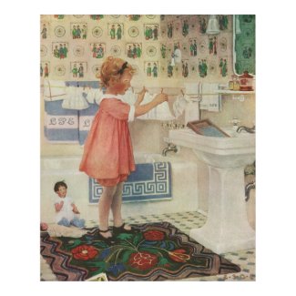 Vintage Girl, Child Doing Laundry Hanging Clothes Poster