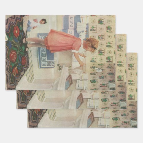 Vintage Girl Child Doing Laundry Hanging Clothes Wrapping Paper Sheets