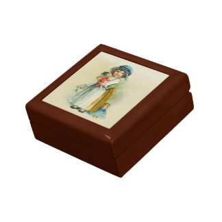 Vintage Girl Chubby Cheeks Hat Holding Doll Jewelry Box