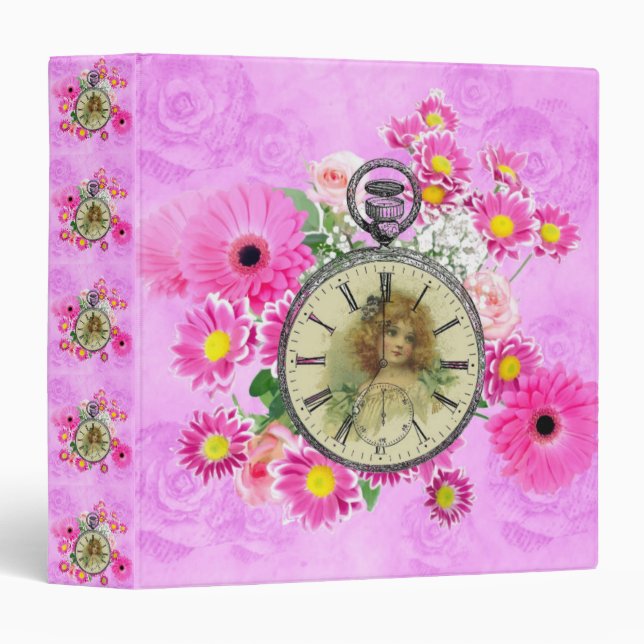Vintage Girl Clock Watch Pink Floral Binder (Front/Spine)