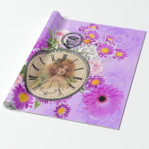 Vintage Girl Clock Watch Purple Floral Giftwrap Wrapping Paper