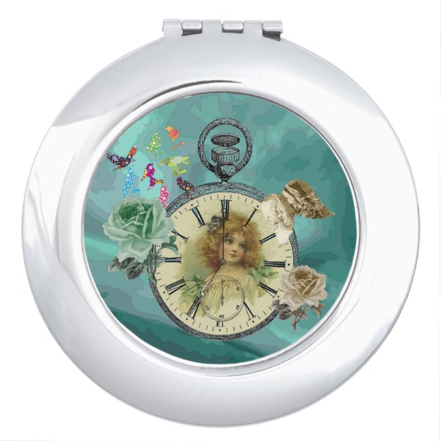 Vintage Girl Clock Watch Round Compact Mirror (Front)
