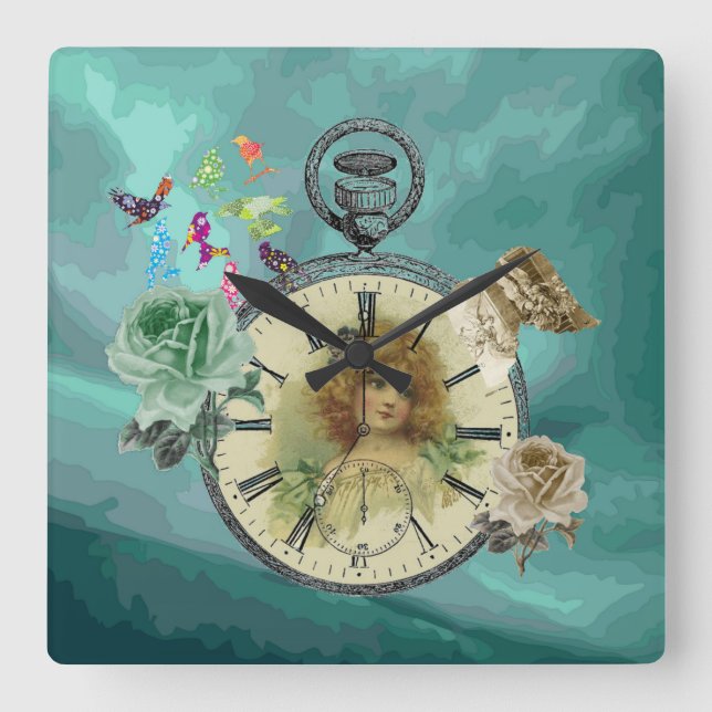 Vintage Girl Clock Watch Square Wall Clock (Front)