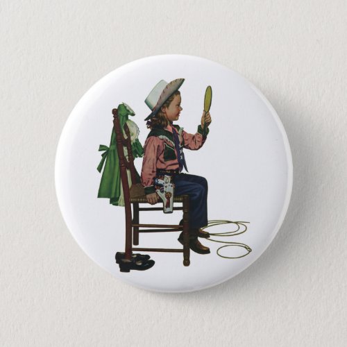 Vintage Girl Cowgirl Looking  Mirror Shes so Vain Button