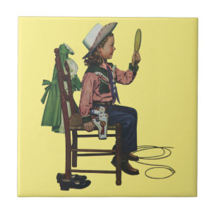 Vintage Girl Cowgirl Looking Mirror She's so Vain Ceramic Tile