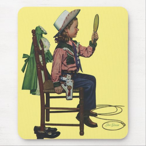 Vintage Girl Cowgirl Looking  Mirror Shes so Vain Mouse Pad