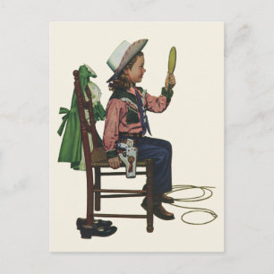 Vintage Girl Cowgirl Looking Mirror She's so Vain Postcard