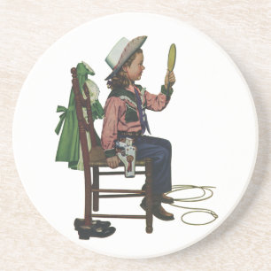 Vintage Girl Cowgirl Looking Mirror She's so Vain Sandstone Coaster
