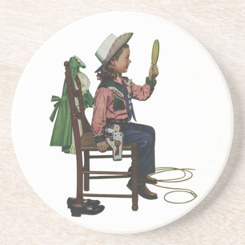 Vintage Girl Cowgirl Looking  Mirror Shes so Vain Sandstone Coaster