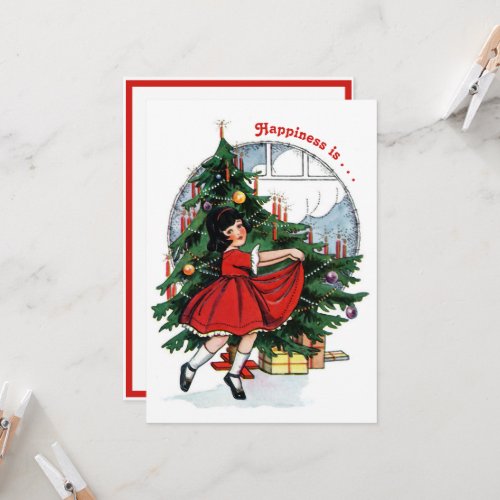 Vintage Girl Dancing Around the Christmas Tree Card