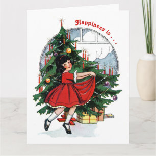Vintage Girl Dancing Around the Christmas Tree Card