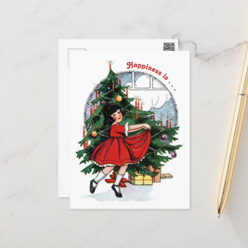 Vintage Girl Dancing Around the Christmas Tree Postcard