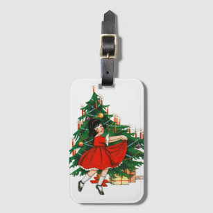 Vintage Girl Dancing Christmas Tree Luggage Tag