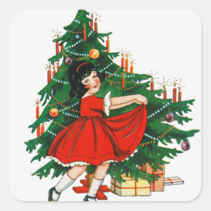Vintage Girl Dancing Christmas Tree Square Sticker