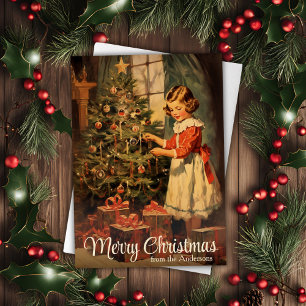 Vintage Girl Decorating Tree Custom Christmas Holiday Card
