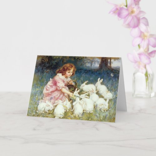 Vintage Girl Feeding Bunny Rabbits Easter Card