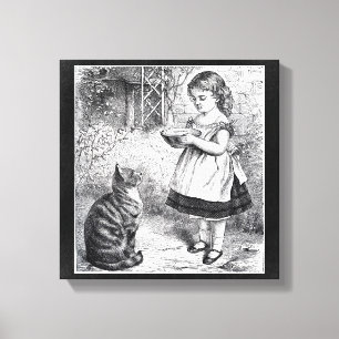 Vintage Girl Feeding Cat a Saucer of Milk Canvas Print