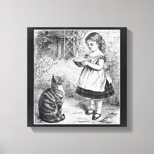 Vintage Girl Feeding Cat a Saucer of Milk Canvas Print