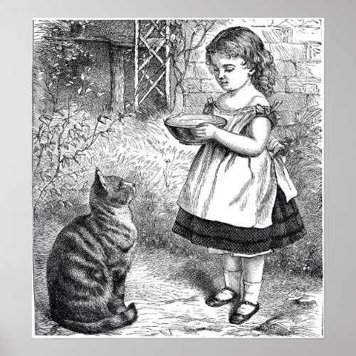 Vintage Girl Feeding Cat a Saucer of Milk Poster