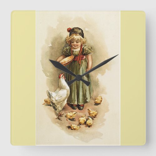 Vintage Girl Feeding Hens and Chicks Farm Clock