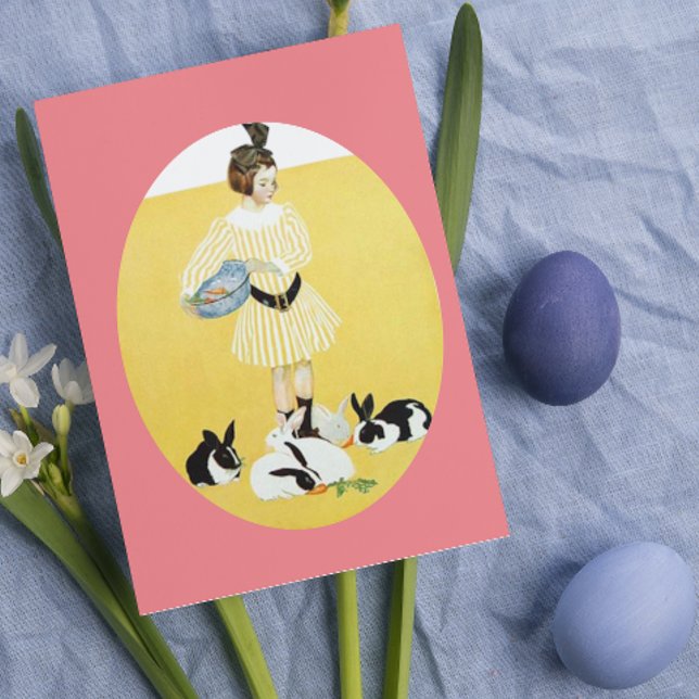 Vintage girl feeding rabbits holiday card (Creator Uploaded)