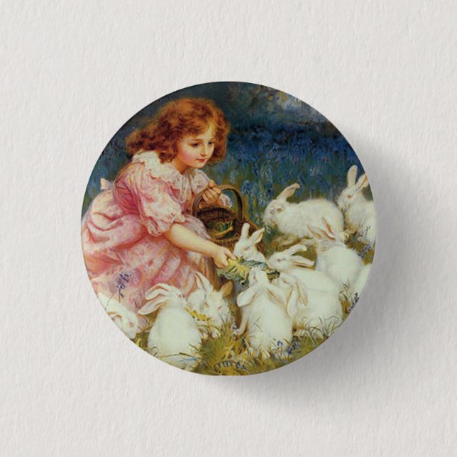 Vintage Girl Feeding White Rabbits  Cottagecore  Button (Front)