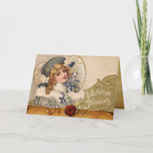 VINTAGE GIRL,FLOWERS,VALENTINE CUPID,RED WAX SEAL HOLIDAY CARD