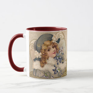VINTAGE GIRL,FLOWERS,VALENTINES DAY ,RED WAX SEAL MUG