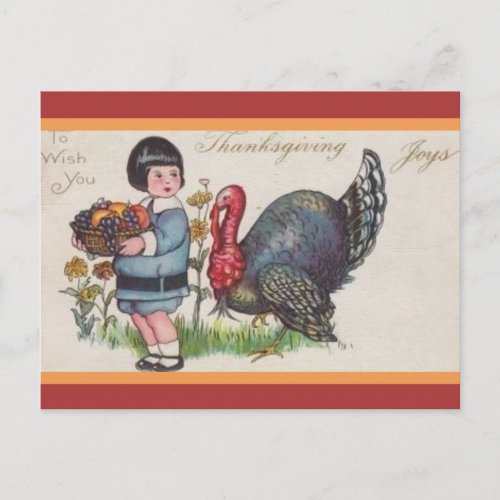 Vintage Girl Fruit Basket Turkey Thanksgiving Postcard