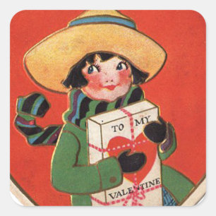 Vintage Girl Gift Valentine Heart Square Sticker
